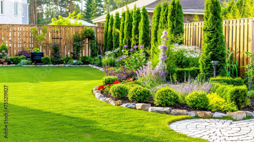 Fototapeta Naklejka Na Ścianę i Meble -  Lush backyard garden with vibrant flowers lush lawn stone path and wooden fence on a sunny day