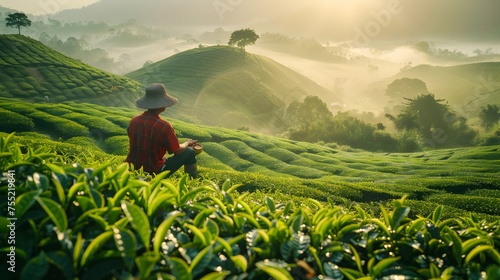 Large tea leaves in India are collected by women and men from tea plantations during the seasonal summer. The tea harvesting process is an integral part of the tea extraction concept photo