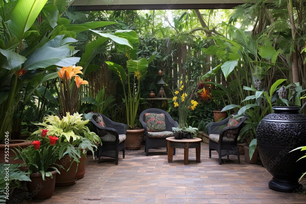 Lush Tropical Backyard Patio Inspirations: Ceramic Garden Stools & Lanterns Galore