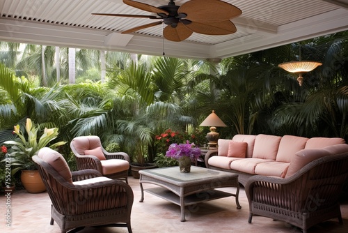 Lush Tropical Patio Bliss: Ceiling Fan Cool Breeze for Ultimate Outdoor Comfort photo