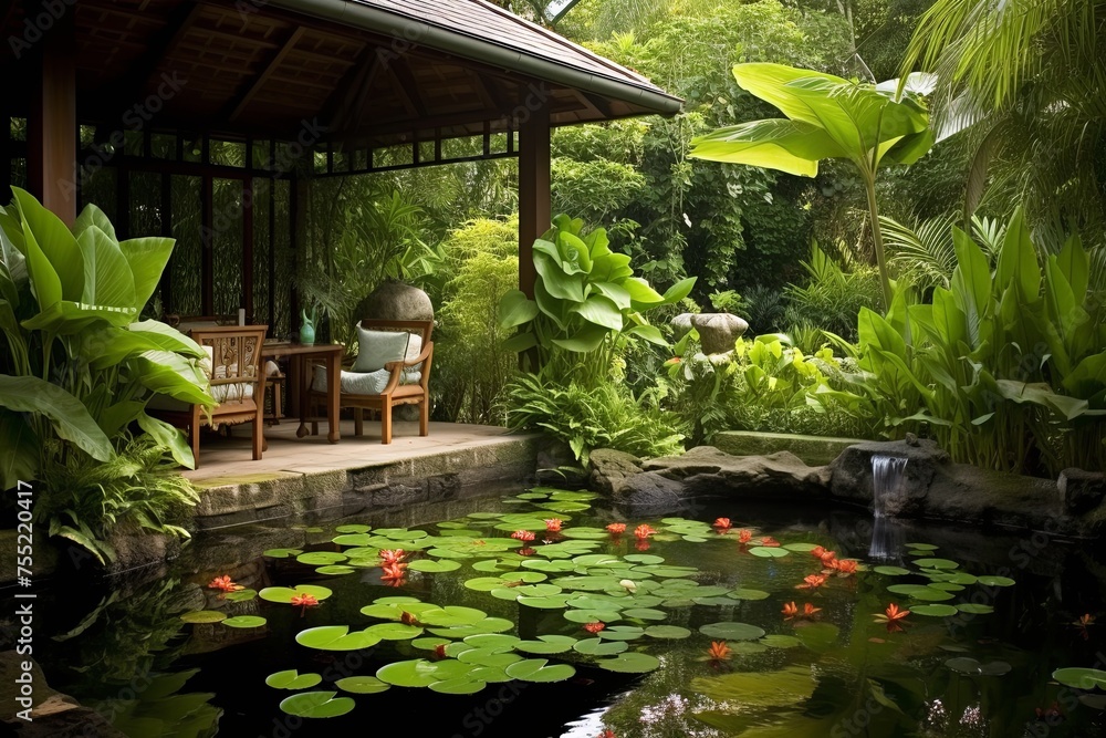 Tranquil Koi Pond Oasis: Lush Tropical Backyard Patio with Water Lilies