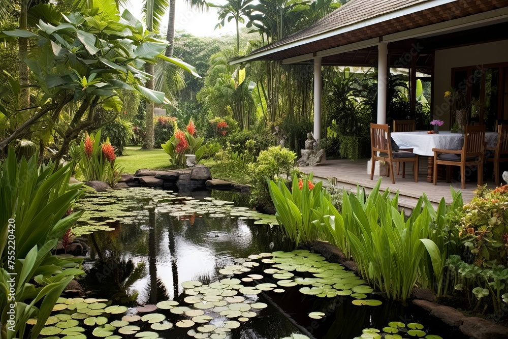 Koi Pond Oasis: Lush Tropical Backyard Patio with Water Lilies, Creating a Serene Atmosphere