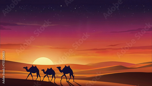 Silhouette of Camels trekking through desert at stunning sunset