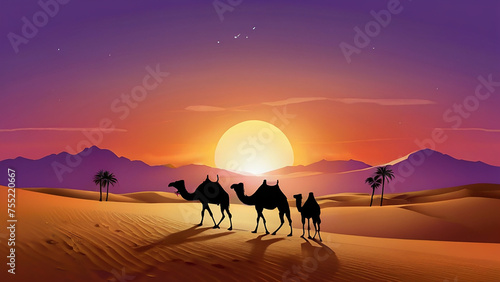 Silhouette of Camels trekking through desert at stunning sunset