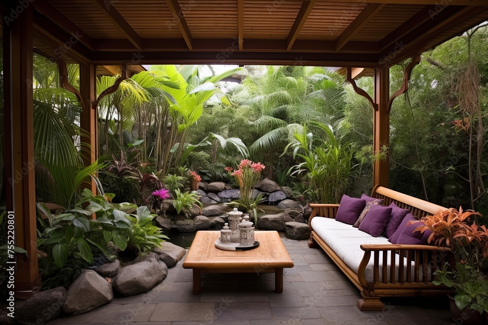Fototapeta premium Lush Bamboo Oasis: Tropical Backyard Patio Inspiration with Vibrant Cushions