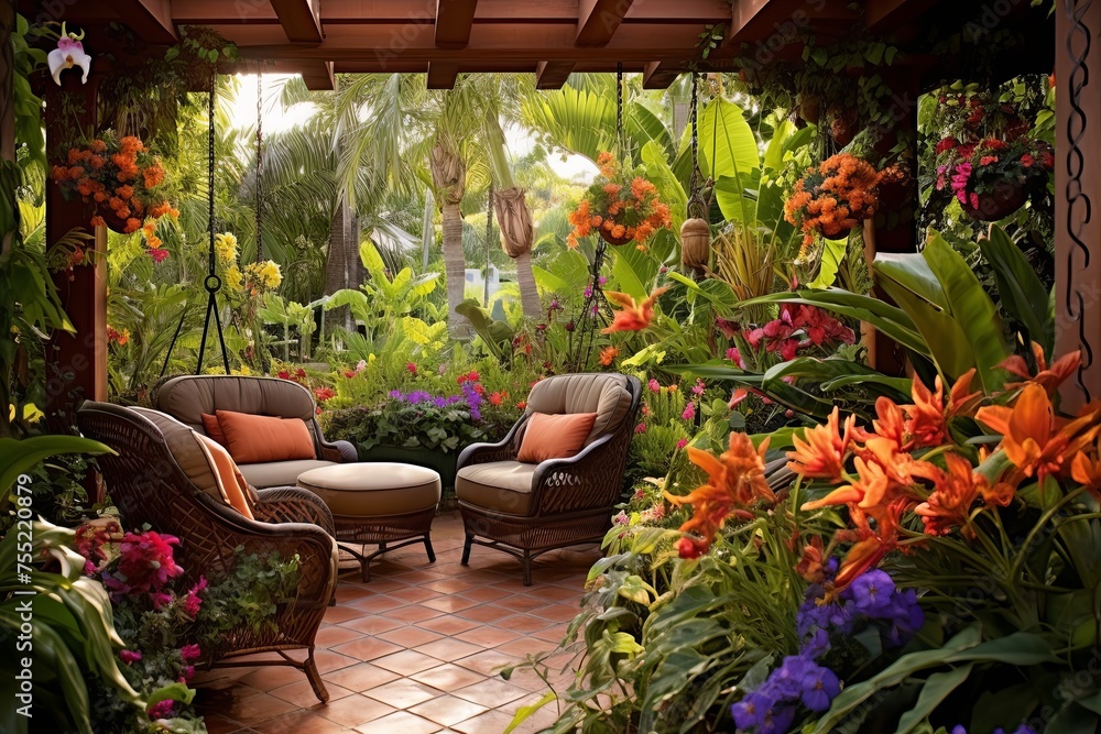 Fototapeta premium Lush Tropical Backyard Patio with Fragrant Flowers and Wind Chimes: Inspirational Oasis