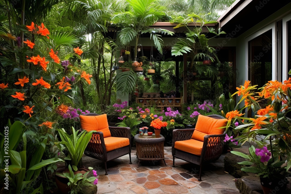 Obraz premium Eco-Friendly Tropical Backyard Patio Oasis: Recycled Materials Inspirations