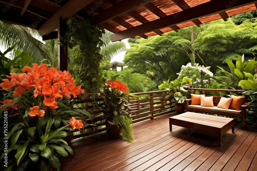 Lush Tropical Backyard Patio with Wooden Decking and Gorgeous Tropical Flowers