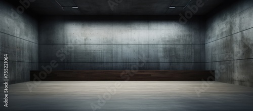 An empty room with a single bench, constructed with a blend of concrete and wood materials, creating an abstract and smooth interior design.