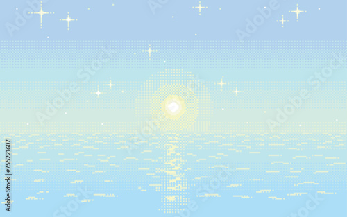 〈Pixel Art〉星が輝く朝日と海の、美しいノスタルジックなドット絵背景