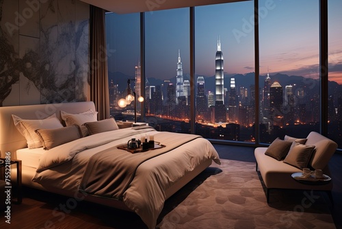 Luxurious Penthouse Bedroom Decor: Panoramic Skyline Views - Breathtaking Scenery Retreat.