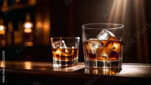 two glasses of whiskey with ice cubes on bar counter, blurred bar with soft lighting in the background, free space for text. elegant drink, whiskey on the rocks, bar ambiance, luxury beverage concept