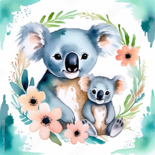 mom koala with baby koala in floral wreath against white background with teal splashes. concepts: mothers day, children's book illustration, educational materials, wall art or home decor items, family photo