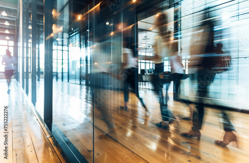 blurred photo of people in hall, walking peopple in office corridor, glass building and blurred stop motion walking people photo