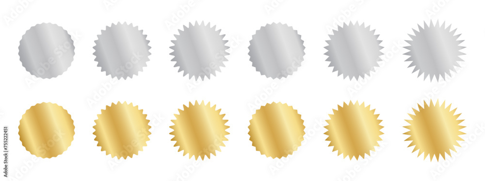 Set of silver and gold round stickers with wiggle and zigzag borders. Shining metallic labels, badges, price tags, coupons, stamps undulate shapes isolated on white background. Vector illustration. Set of silver and gold round stickers with wiggle and zigzag borders. Shining metallic labels, badges, price tags, coupons, stamps undulate shapes isolated on white background. Vector illustration.