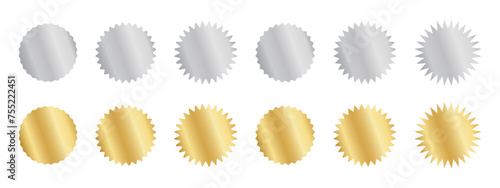 Set of silver and gold round stickers with wiggle and zigzag borders. Shining metallic labels, badges, price tags, coupons, stamps undulate shapes isolated on white background. Vector illustration.