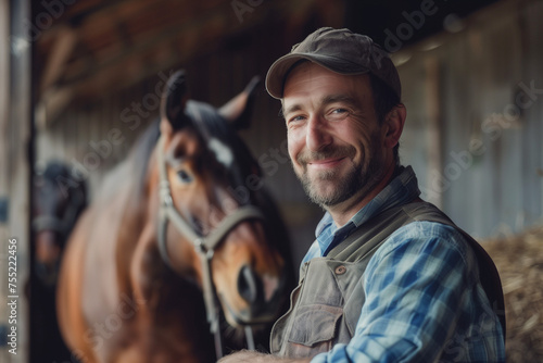 Horse keeper, smiling man in a stable training equine animals on a farm with copy space © Simn