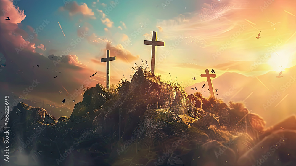 Sunset at a serene hilltop with three crosses surrounded by flying birds glowing clouds and a dramatic colorful sky - obrazy, fototapety, plakaty 