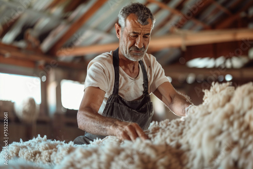 Sheep shearer, farmer man working with animal wool in a barn on a country farm with copy space photo