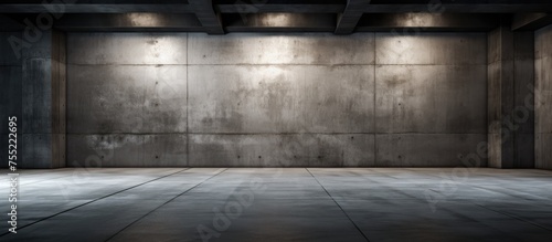 This image shows an empty room with stark concrete walls and a concrete floor. The room is illuminated by bright lights, creating a harsh and industrial atmosphere.