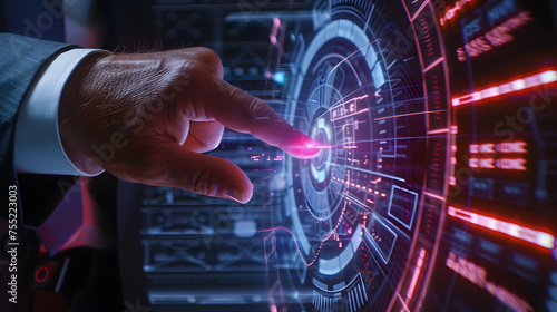 A close-up of a businessman's hand touching a security button on a virtual screen, with details of the man's fingertip, the biometric scanner, and the futuristic interface.