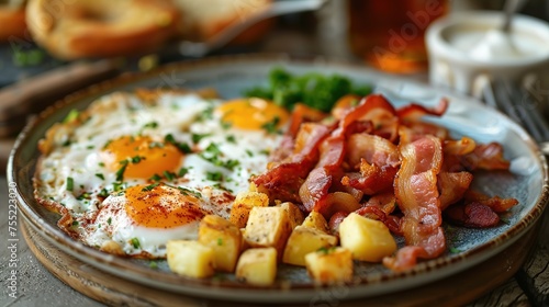 Breakfast of eggs, bacon, toast and potato. Also available with bacon