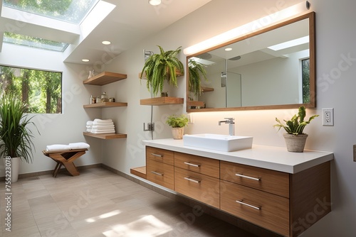 Mid-Century Modern Bathroom Oasis: Frameless Mirror, Minimalist Touch Elegance