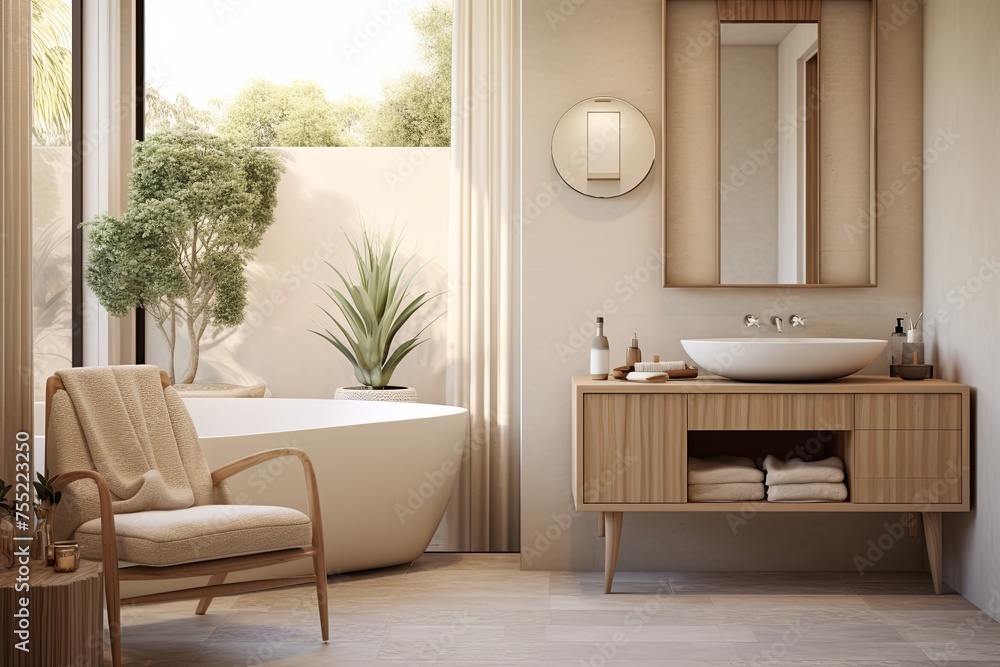 Fototapeta premium Neutral Haven: Mid-Century Modern Bathroom Oasis in Calming Tones