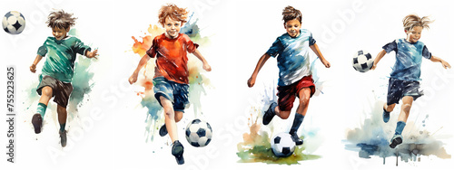 Watercolor illustration of 4 Young boys playing soccer  isolated on a white background. Kids sports concept