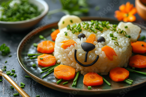 dish in the shape of an animal face decorated with green onions and carrots . children's breakfast concept  photo