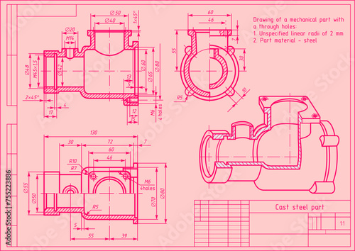 Vector drawing of a steel cast mechanical part with through holes
and dimension lines.
Engineering cad scheme. Technical template. 3d model. Cross section.