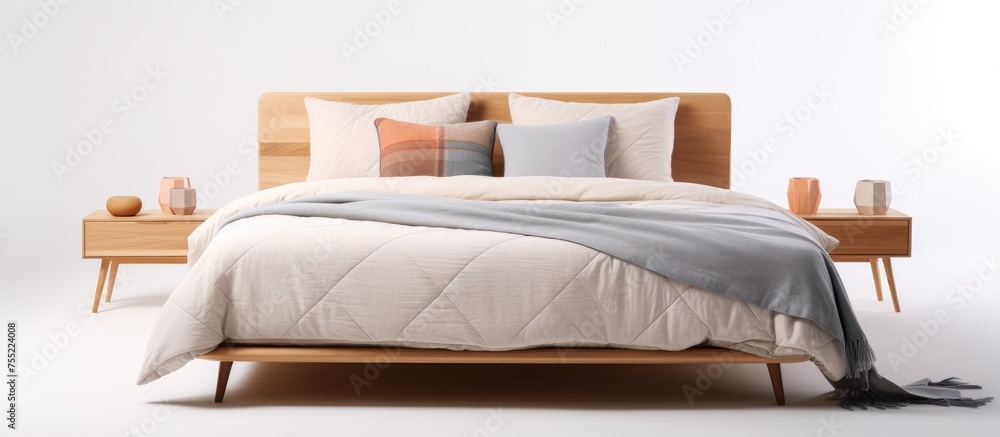A wooden bed with a headboard and footboard, featuring a mid-century design in a Scandinavian style interior. The bed is covered with bed linen and pillows on a white background.