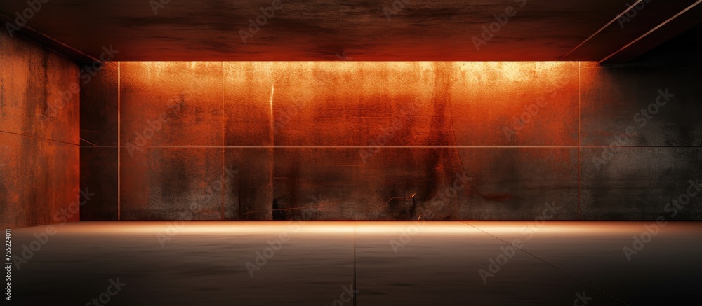 custom made wallpaper toronto digitalA deserted room featuring a sleek, abstract interior with sheets of rusted metal covering the structure. The space is illuminated by a bright light emanating from the ceiling.