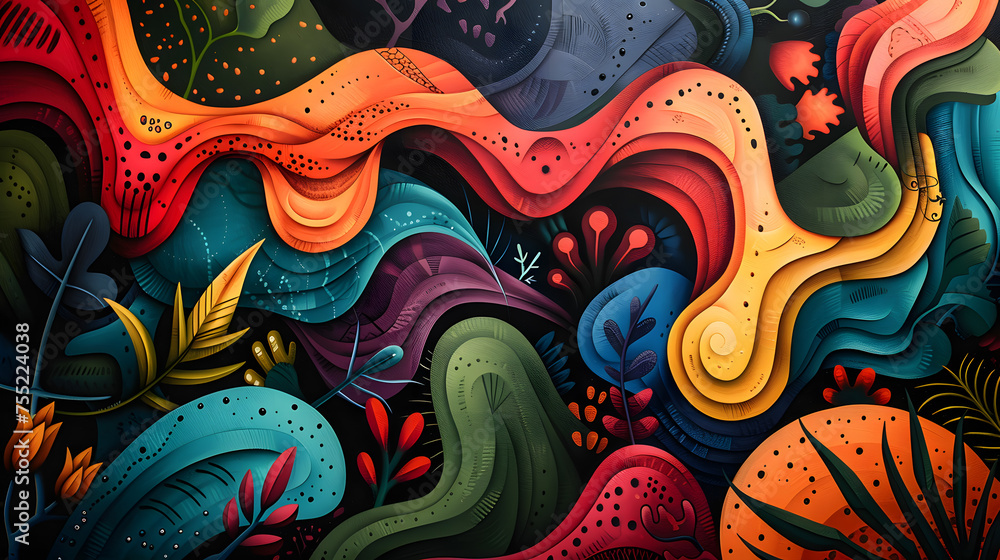 An artistic painting showcasing vibrant waves and plants in electric blue and magenta colors on a deep black background, creating a mesmerizing visual arts piece