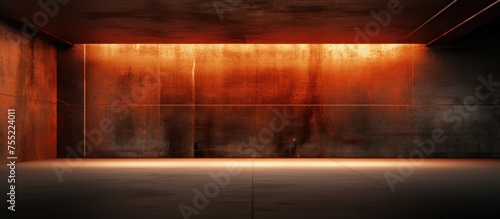 Wallpaper Mural A deserted room featuring a sleek, abstract interior with sheets of rusted metal covering the structure. The space is illuminated by a bright light emanating from the ceiling. Torontodigital.ca