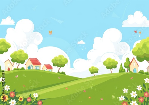 Cute cartoon style landscape background with simple trees Generative AI