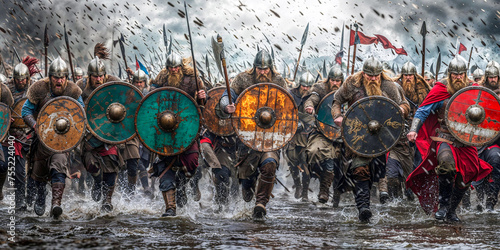 Viking warriors charging into battle, wide banner, action, dramatic