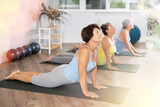 Group of elderly athletic women doing yoga on mats in fitness room