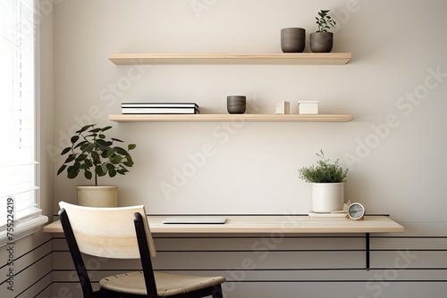 Monochrome Minimalist Home Office  Wall-Mounted Shelves   Clean Lines