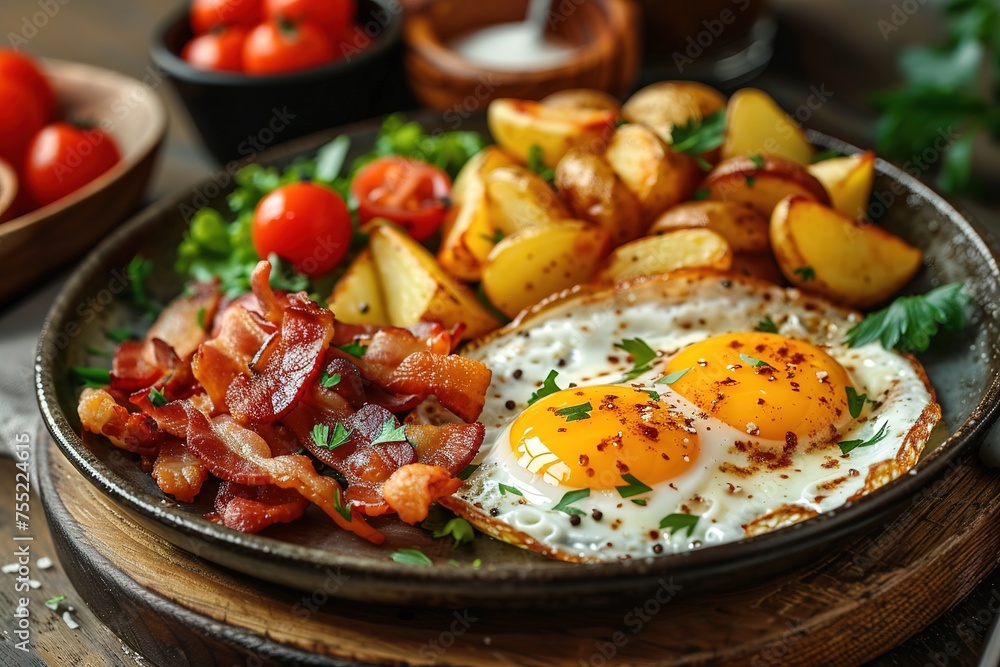 Breakfast of eggs, bacon, toast and potato. Also available with bacon Breakfast of eggs, bacon, toast and potato. Also available with bacon