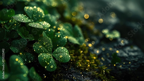 Delicate dewdrop on vibrant green four-leaf clover, stunning natural floral backdrop with soft bokeh. St Patricks Day