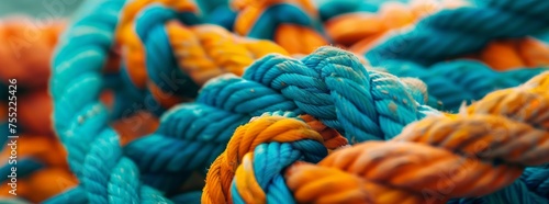 Closeup of azure, orange, and aqua woolen ropes creating a stunning art pattern. The electric blue fibers stand out against the wool texture