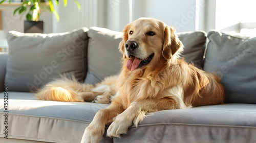 happy golden retriever dog is lying on a cozy sofa in a modern living room happy golden retriever dog is lying on a cozy sofa in a modern living room 