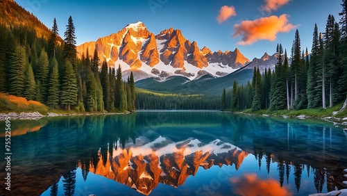 Sunset over a serene mountain lake with a perfect reflection of the fiery peaks and pine trees.
