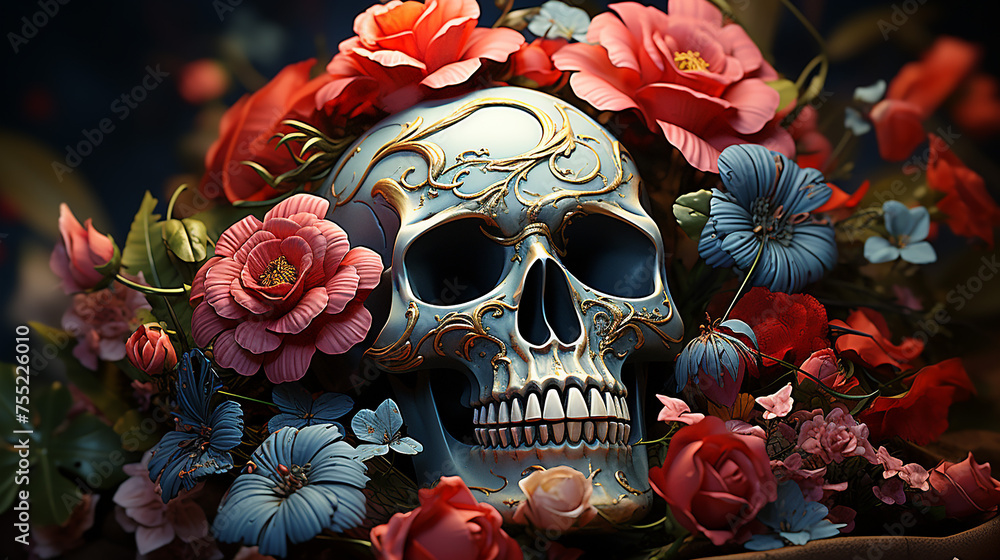 3d human skull with flowers, generative ai