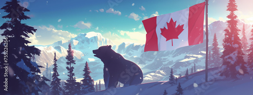 cartoon bear on mountain with canadian flag photo