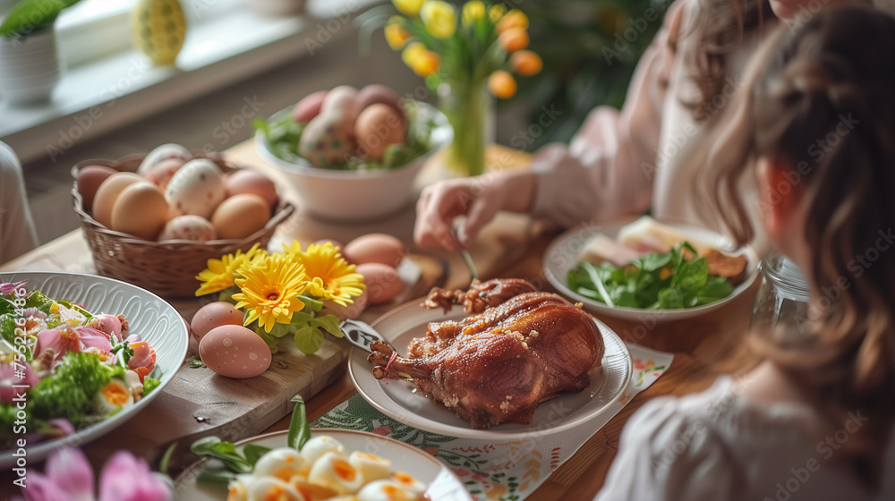 Home Holiday friends or family at the festive Easter table with Easter colored eggs. The concept of the celebration