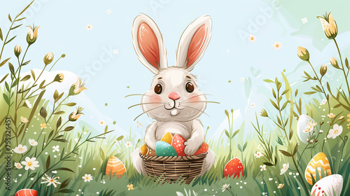 Easter Bunny background, Traditional Easter Bunny rabbit with colorful Easter eggs and Spring flowers © Fokke Baarssen