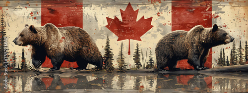 Canadian flag background with two grizzly bears and trees