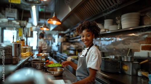 African American female chef preparing food in the kitchen at the restaurant.black happy cook happy job